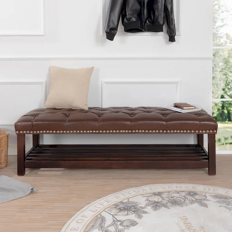 Christopher Knight Home - Florian Tufted Upholstered End of Bed Bench with Nailhead Trim and Shelf