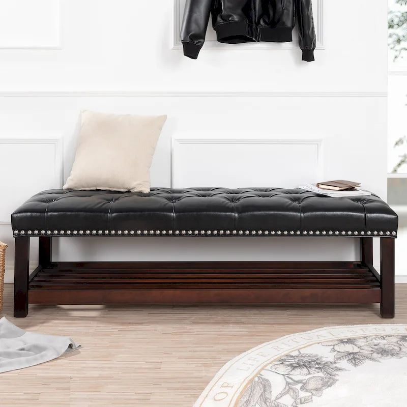 Christopher Knight Home - Florian Tufted Upholstered End of Bed Bench with Nailhead Trim and Shelf