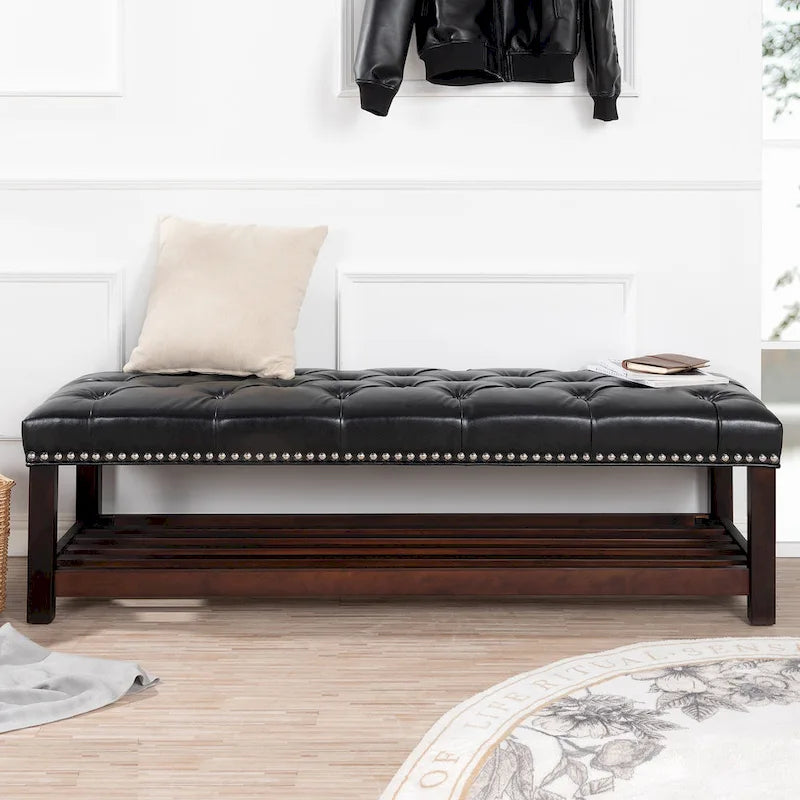 Christopher Knight Home - Florian Tufted Upholstered End of Bed Bench with Nailhead Trim and Shelf