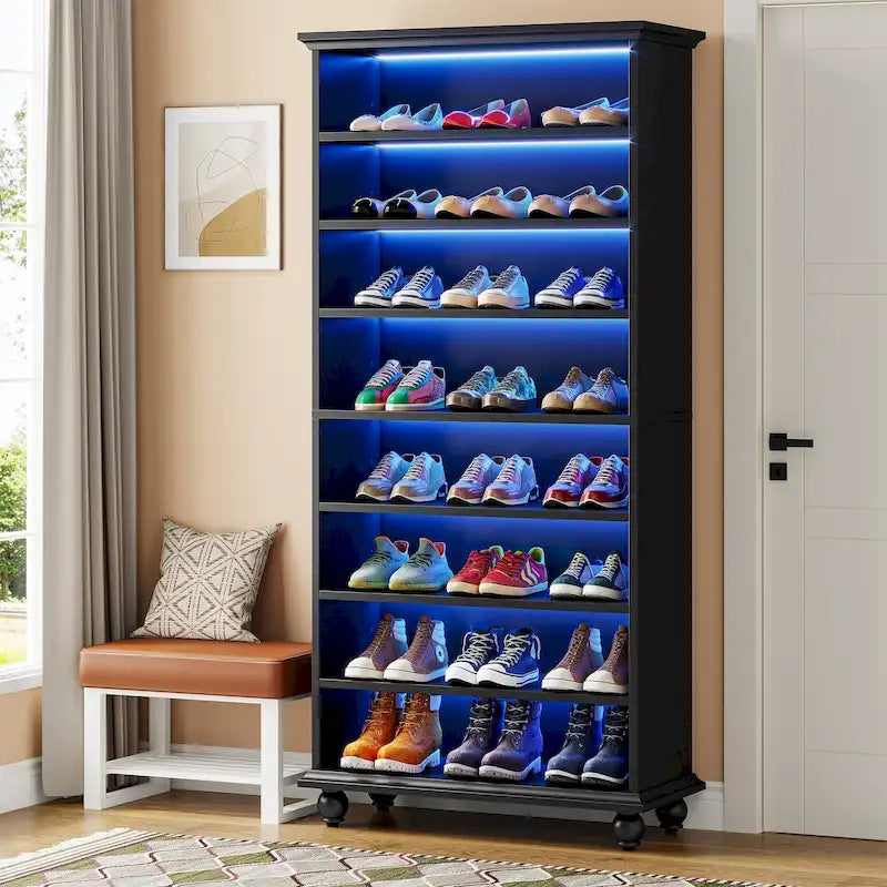 9-stufiger schmaler hoher Schuhschrank mit LED-Beleuchtung für das Wohnzimmer