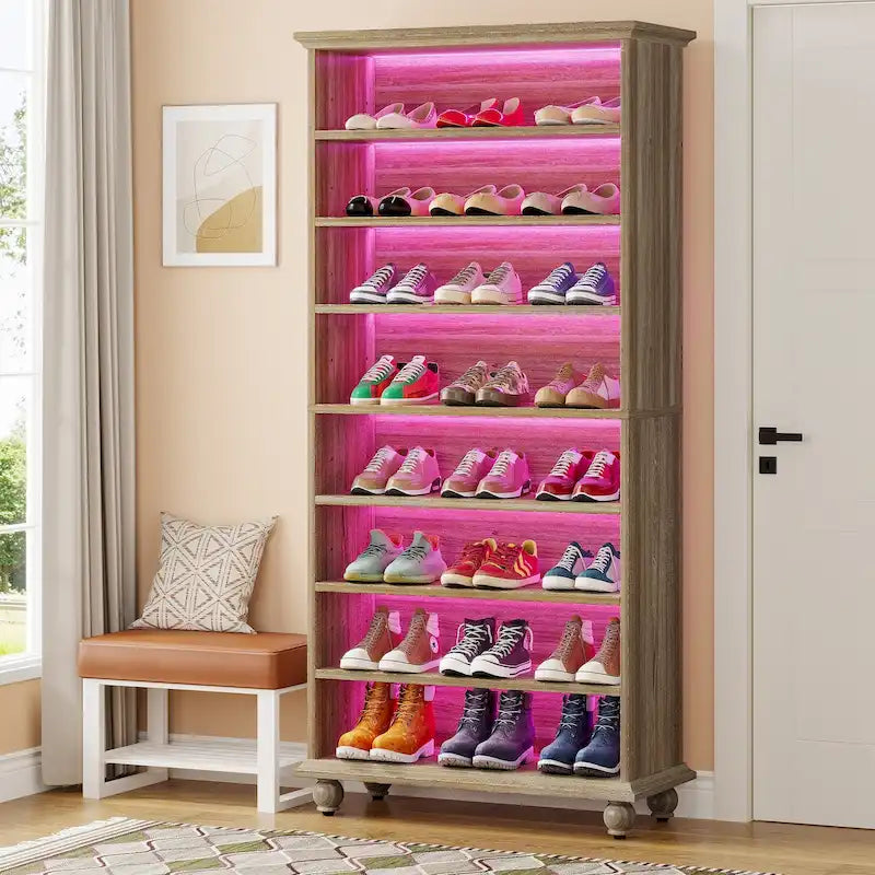 9-stufiger schmaler hoher Schuhschrank mit LED-Beleuchtung für das Wohnzimmer