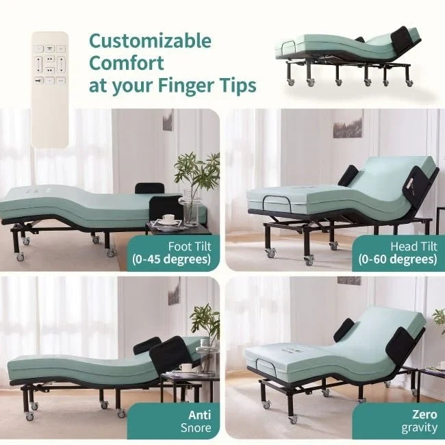 Twin XL Adjustable Bed Frame & 6 Mattress Zero Gravity Bed with Side Rails