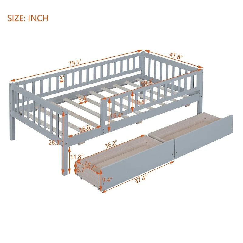 Twin Size Daybed Wood Bed With Two Drawers, Gray